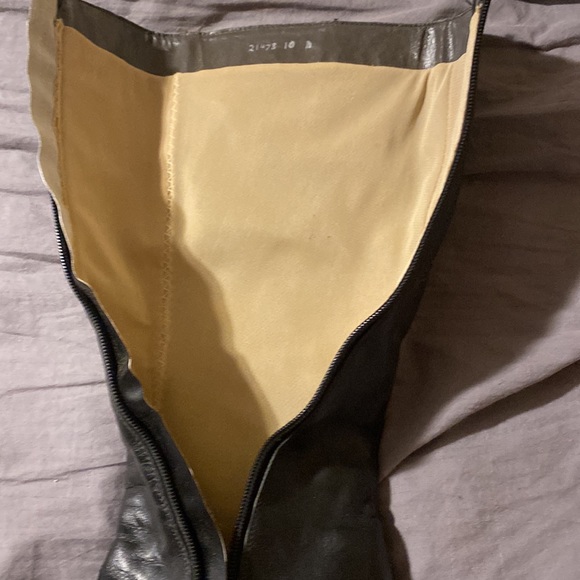 Black leather 14” high boots plus 3” heel and gold metal tip detail on toes. - Picture 5 of 5